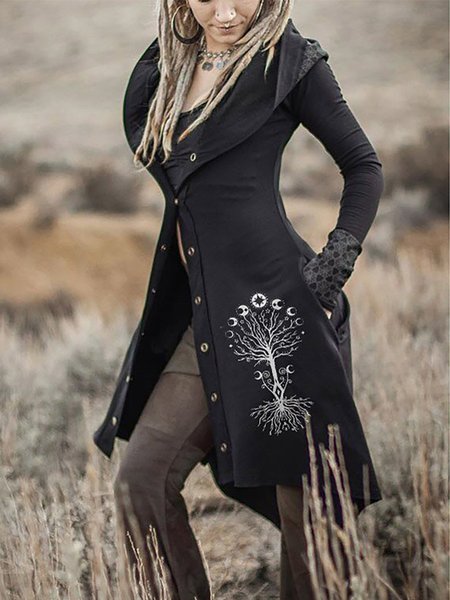 

Vintage Plants Long Sleeves Hooded Outerwear, Black, Outerwear