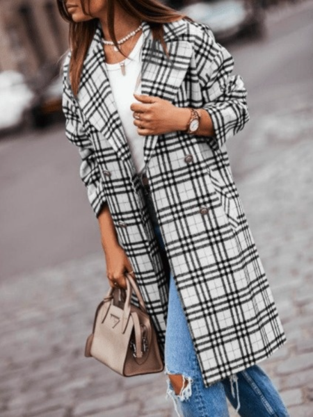 

Fall Simple Grid Daily Non-Stretch Daily Long sleeve Outerwear, White, Coats