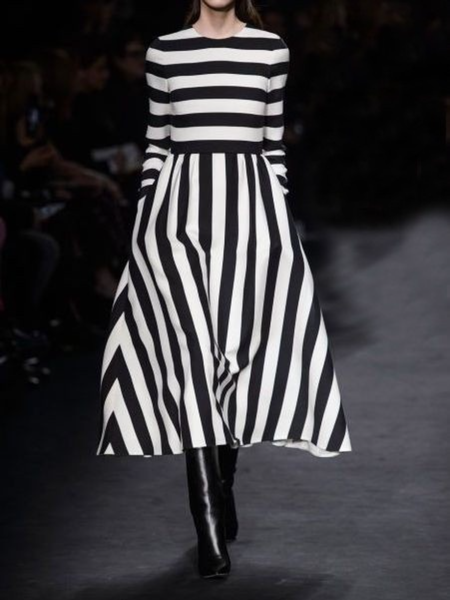

Fall Striped Elegant A-line Non-Stretch Crew Neck Long sleeve Dresses, Stripe, Midi Dresses