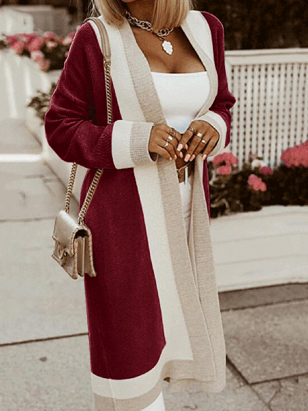 

Casual V Neck Outerwear, Wine red, Cardigans