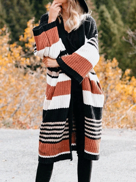 

V Neck Casual Color Block Off Shoulder Outerwear, As picture, Cardigans