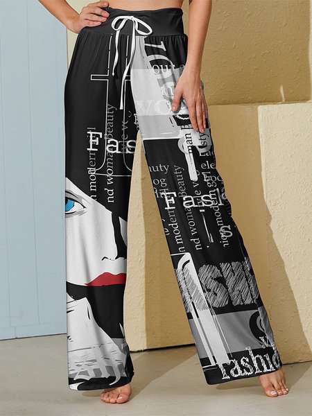 

Casual Portrait Letter Printing Vintage Abstract Pants, Black, Pants