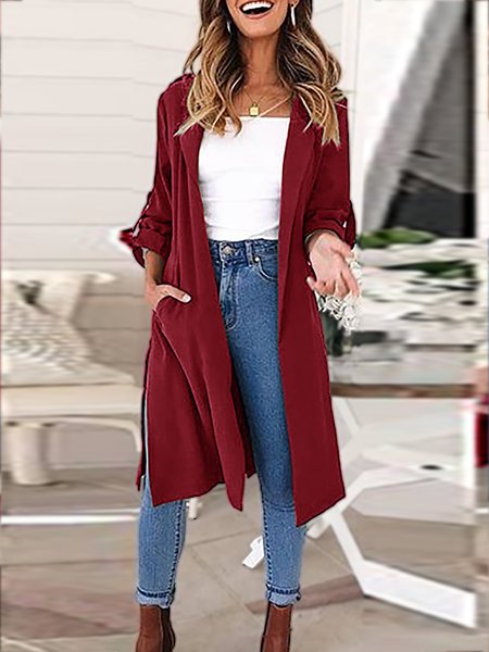 

Loosen Vintage Lapel Long Sleeves Trench coat, Wine red, Outerwear