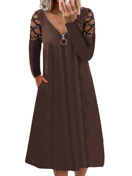 

V Neck Loosen Knitting Dress, Coffee, Midi Dresses