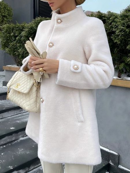 

Long Sleeve Solid Elegant High Neck Outerwear, White, Coats