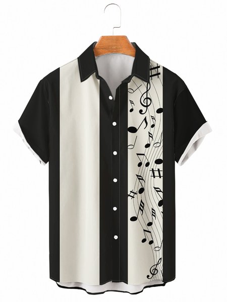 

Mens Retro Music Print Casual Lapel Short Sleeve Hawaiian Shirt, Black, Shirts ＆ Blouse