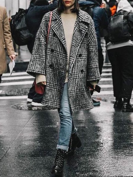 

Vintage Flat Collar Grid Long Sleeve Outerwear, Gray, Coats