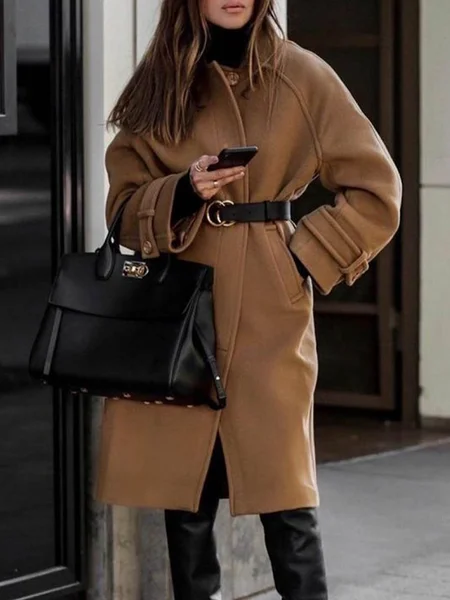 

Elegant Collarless Loosen Long Sleeve Plain Outerwear, Yellow brown, Coats