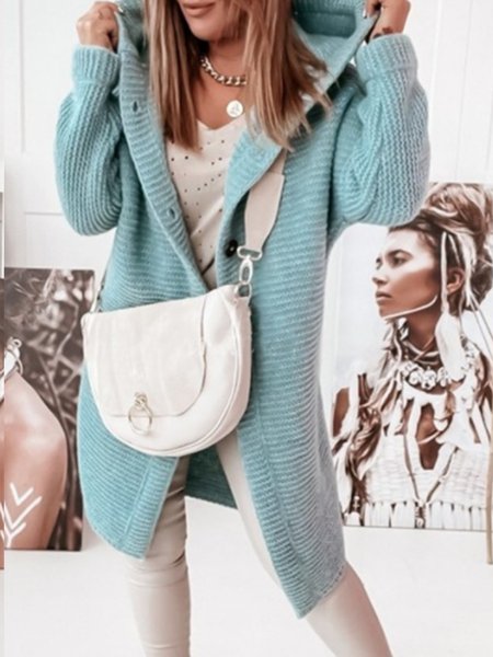 

Casual Solid Hooded Long Sleeve Sweater, Mint, Cardigans
