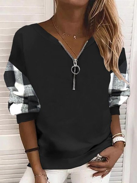 

Color-block Plaid Long Sleeves Zipper V Neck Plus Size Casual Sweatshirts, Black, Hoodies & Sweatshirts