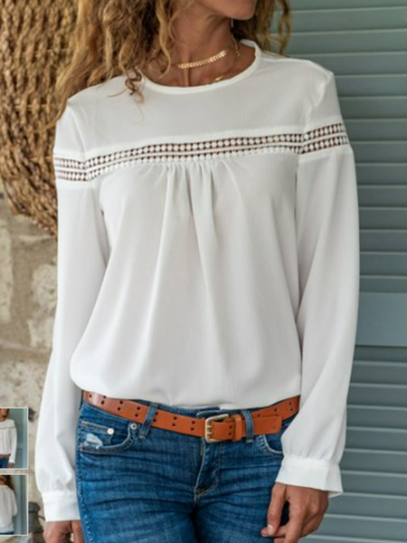 

Long sleeve round neck solid color patterned lace top for women, White, Tops