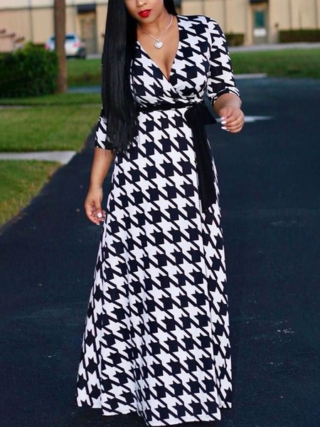 Houndstooth Regular Fit Elegant Maxi Dress, Black-white, Maxi Dresses