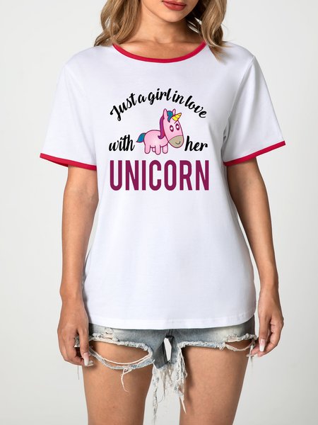 

Unocis Unicorn Printed Crew Neck Short Sleeve Ringer Tee, Red, T-shirts