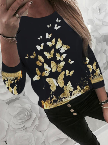 

Butterfly Printed Casual Long Sleeve Shirts & Tops, Black, T-Shirts