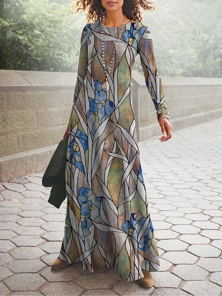 

Cotton Blends Crew Neck Casual Dresses, Multicolor, Maxi Dresses