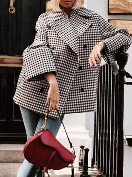 

Checked/Plaid Flat Collar Simple Outerwear, Black-white, Coats