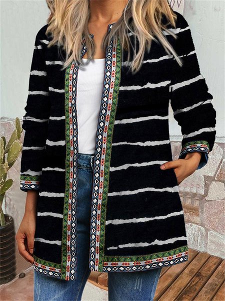 

Loosen Crew Neck Floral Outerwear, Black, Outerwear