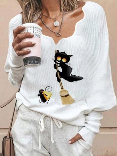 

Statement Cat Printed Long Sleeves V Neck Plus Size Casual Tops, White, Tops