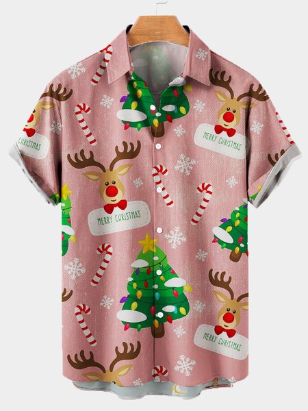 

Merry Christmas Snowflake Elk Shirt Collar Casual Men's Shirts, Pink, Shirts