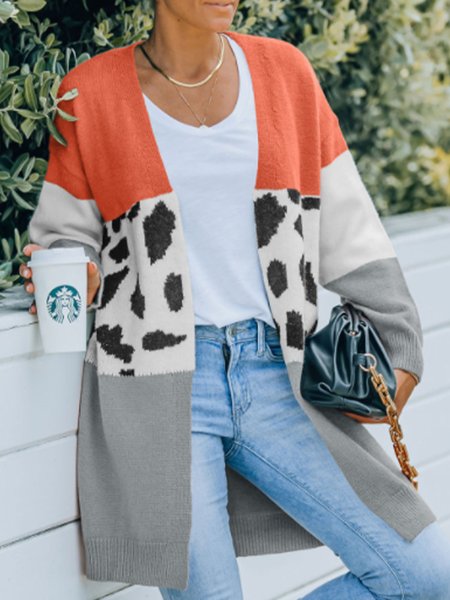 

Collarless Color Block Leopard Elegant Sweater, Orange, Cardigans