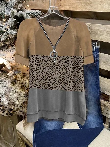 

Short Sleeve Cotton Bateau/boat Neck Leopard Tops, Khaki, Tops
