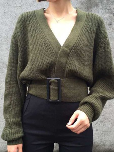 

Vintage Casual Simple Solid V Neck Regular Fit Sweater, Darkgreen, Pullovers