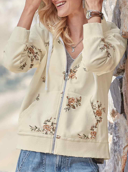 

Casual Off Shoulder Cotton Blends Floral Sweatshirt, Beige, Hoodies & Sweatshirts