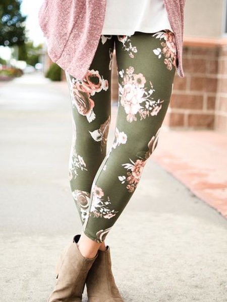 

Floral Casual Pants, Green, leggings