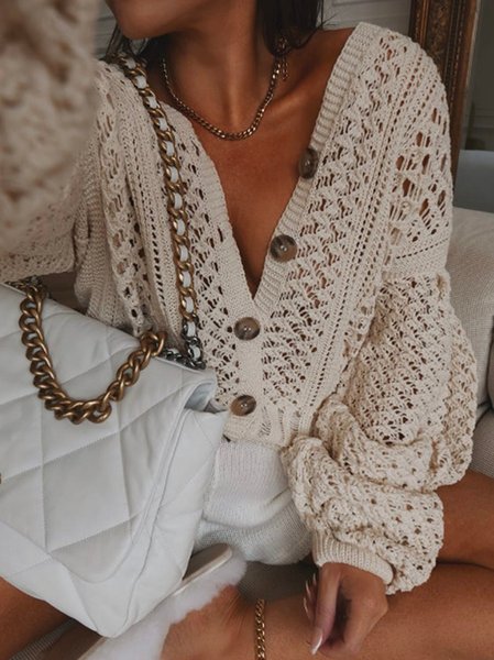 

Plain Casual Wool/Knitting Sweater, Apricot, Cardigans