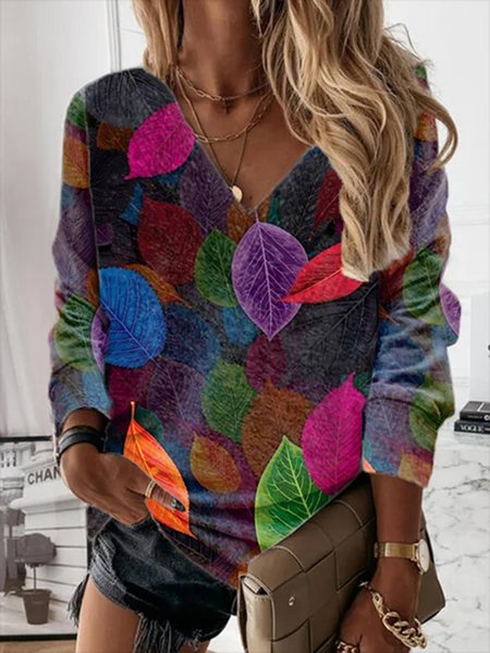 

Fogliame Stampato Casuale Scollo a V Top, Multicolore, Blouses & Shirts