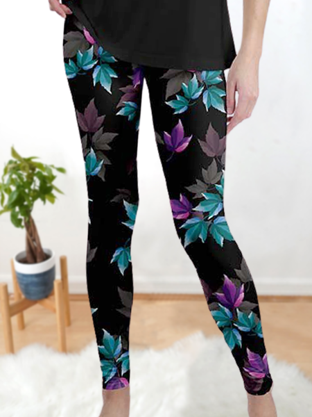 

Purple green leaf pattern leggings, Black, Leggings