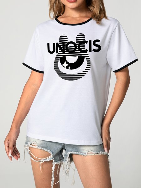 

Unocis Rabbit Print Round Neck Short Sleeve Ringer Tee, Black, T-shirts