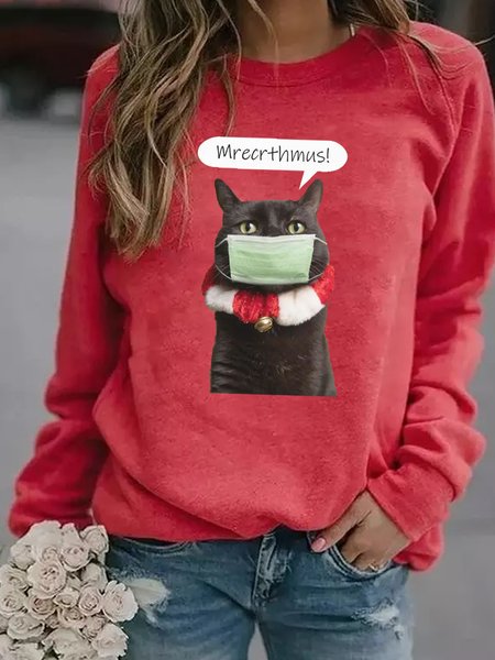 

Merry Christmas Cat Talking Through Face Mask Women‘s Crew Neck Animal Sweatshirt, Red, Hoodies&Sweatshirts