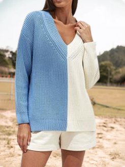 

Color Block V Neck Casual Long Sleeve Sweater, Blue, Sweaters