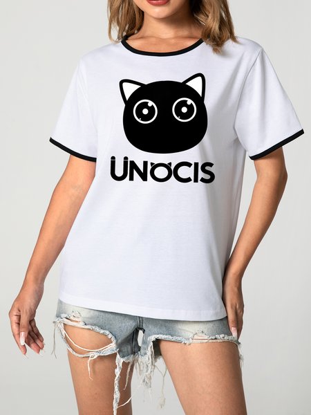 

Unocis Cat Print Round Neck Short Sleeve Ringer Tee, Black, T-shirts