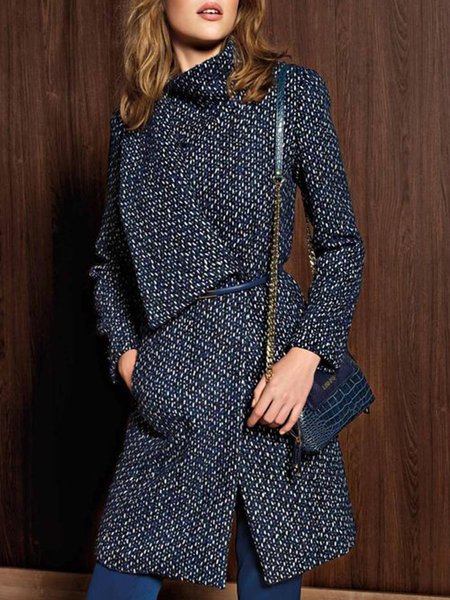 

Vintage Asymmetrical Neck Long Sleeve Outerwear, Dark blue, Coats