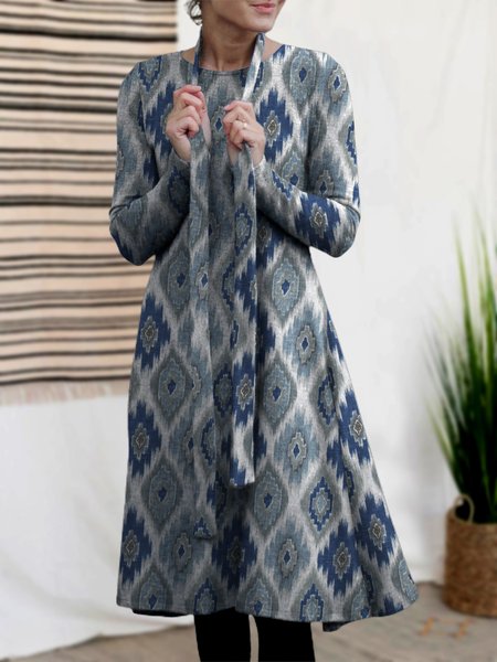 

Cotton Blends Crew Neck Dresses, Grey-blue, Midi Dresses