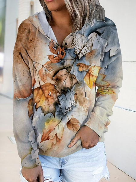 

Long sleeve V-neck hooded deciduous plant printed Vintage casual top women's sweater, Khaki, Hoodies & Sweatshirts