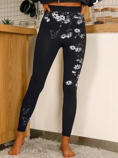 

Casual Floral Butterfly Elegant Leggings, Black, Leggings