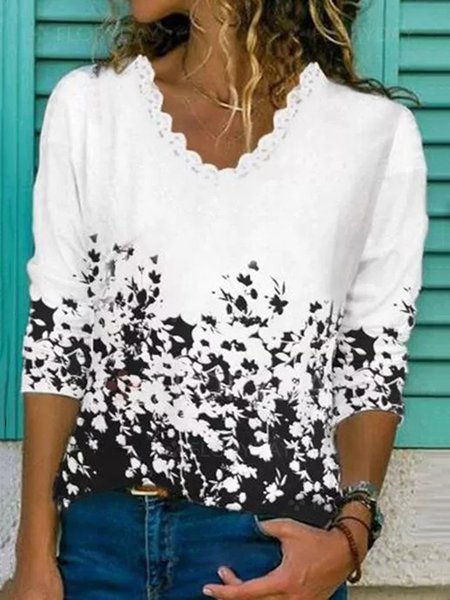 

Floral Printed V Neck Long Sleeve Casual Shirts & Tops, White, Tops
