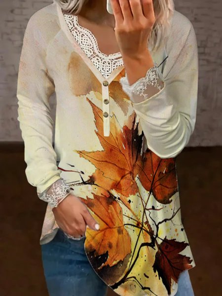 

Leaves Pattern Cotton Blends Casual V Neck Shirts & Tops, Light brown, Tees & T-shirts