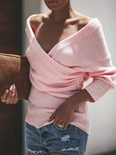 

Long Sleeve Lady Solid V Neck Sweater, Pink, Pullovers