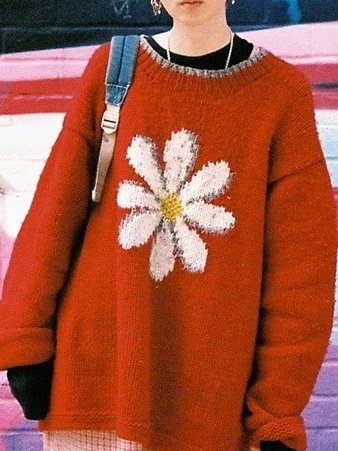 

Round Neck Plants Cotton Blends Sweater, Red, Sweaters & Cardigans