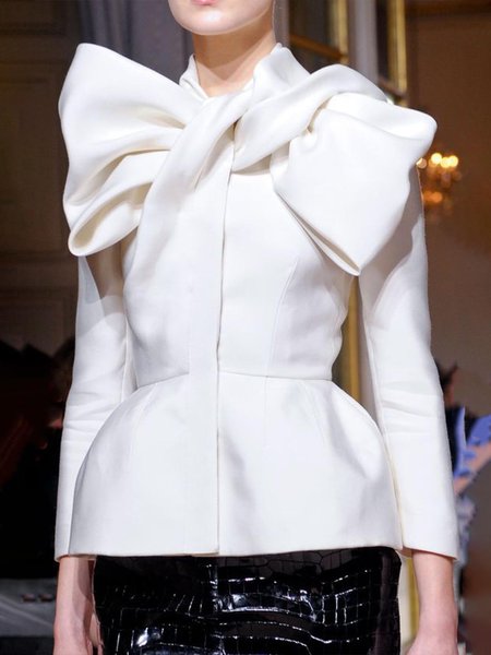 

Elegant Tie Neck Long Sleeve Plain Outerwear, White, Coats