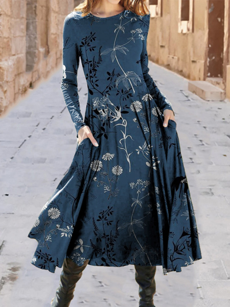 

Floral Crew Neck Long Sleeve Casual Dresses, Deep blue, Midi Dresses