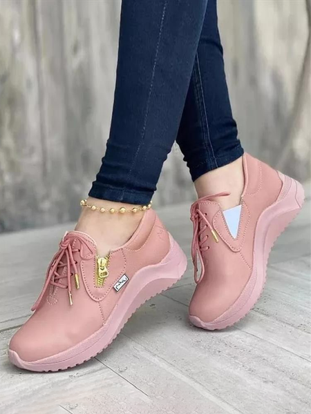 

Simple Zipper Lace-up Sneakers, Pink, Athletic & Casual Shoes