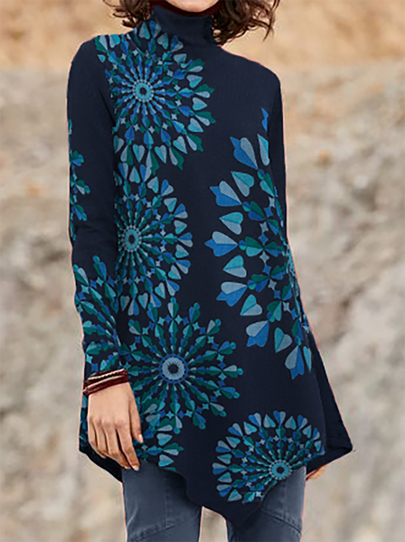 

Plus size Casual Boho High Neck Shirts & Tops, Blue, T-Shirts