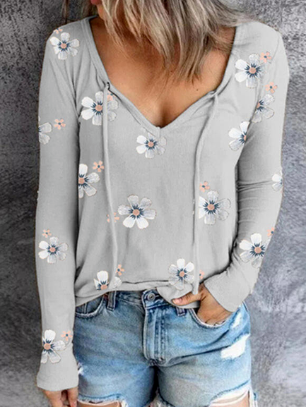 

Floral Print V-Neck Long Sleeves T-shirts, Gray, Tees & T-shirts