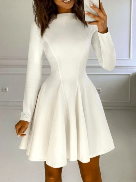 

Fall Elegant Crew Neck A-line Mid-weight Work Formal Date Dresses, White, Mini Dresses