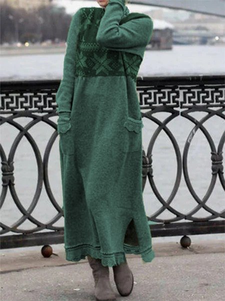 Vintage Geometrico Stampato Maniche Lunghe Pizzo Tasche taglia grande Gonna Casuale, Verde, Maxi Dresses